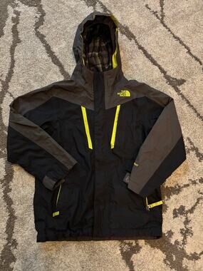 The North Face Boys HyVent Hooded Jacket Black Gray Neon Yellow Size M 10/12
